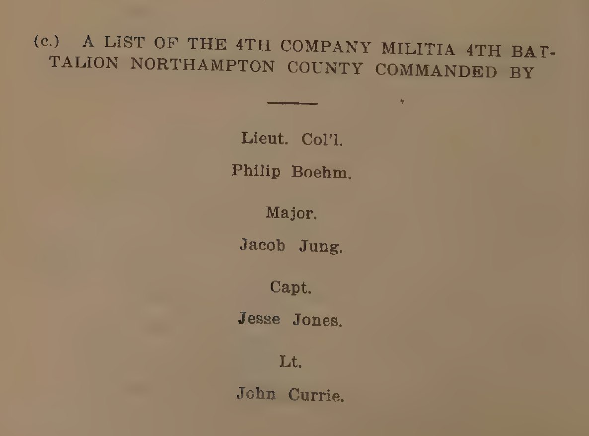Printed heading of the 4th Company, 4th Battalion, Northampton County Militia roll, naming its officers