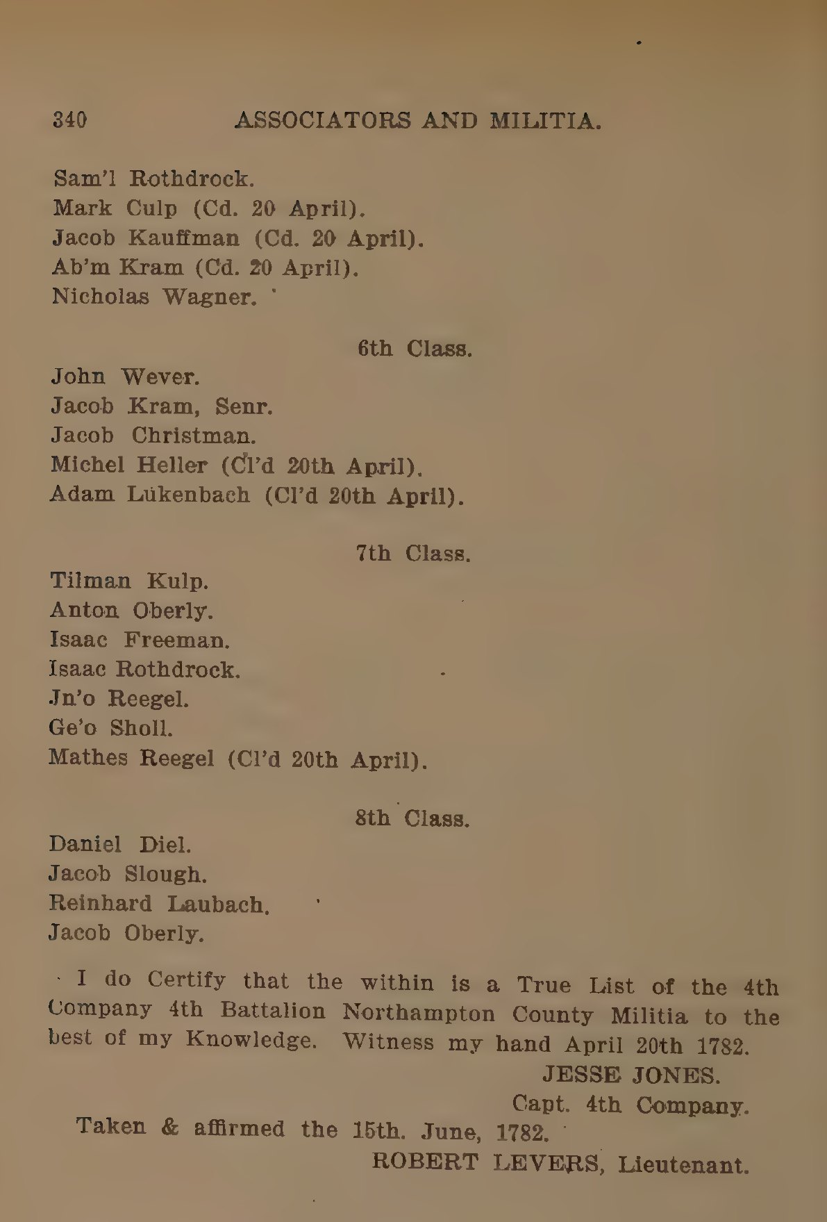 Printed roll page ending with Captain Jesse Jones's certification of the list, 20 April 1782