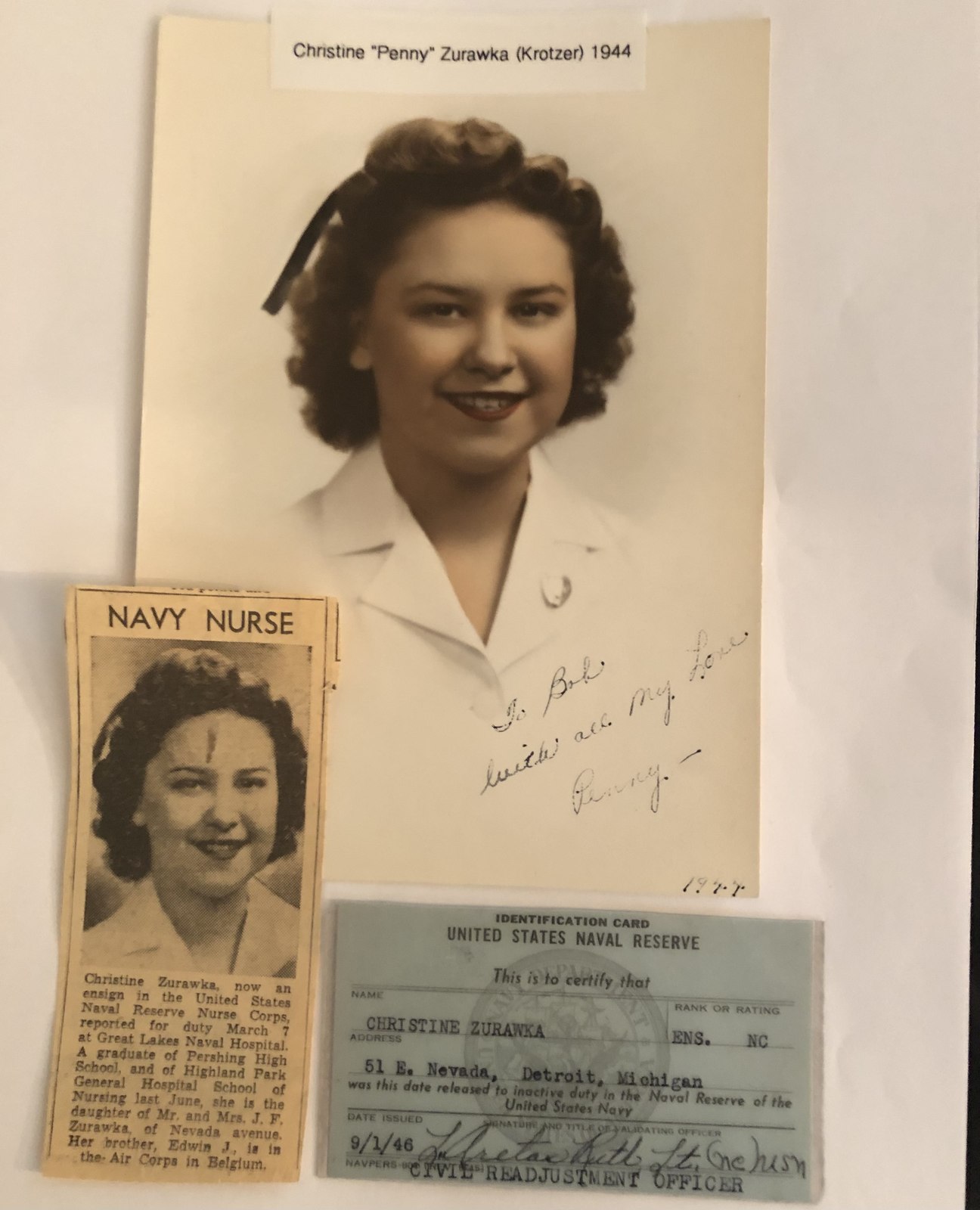 Newspaper clipping of Christine "Penny" Zurawka as a Navy Nurse