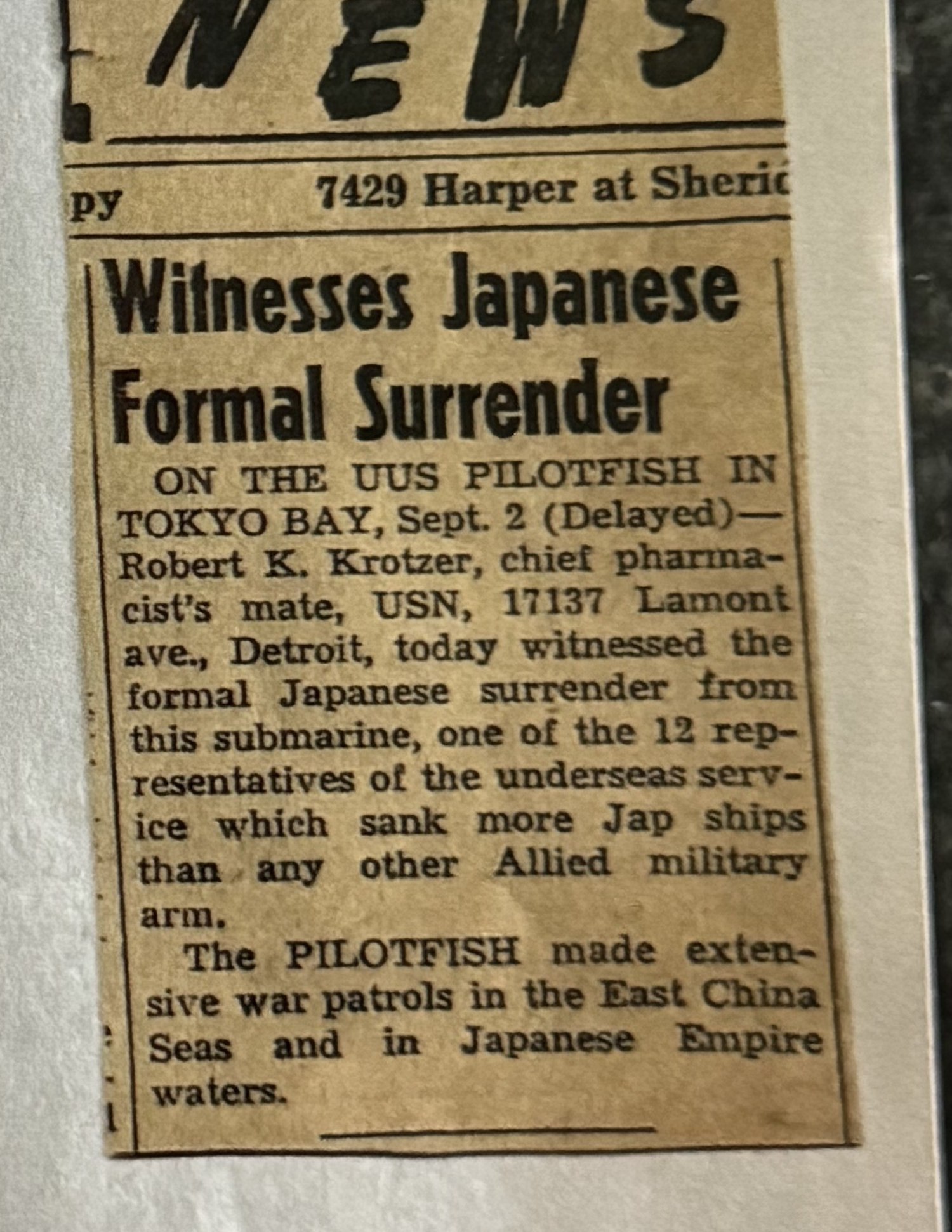 Detroit newspaper clipping, Witnesses Japanese Formal Surrender
