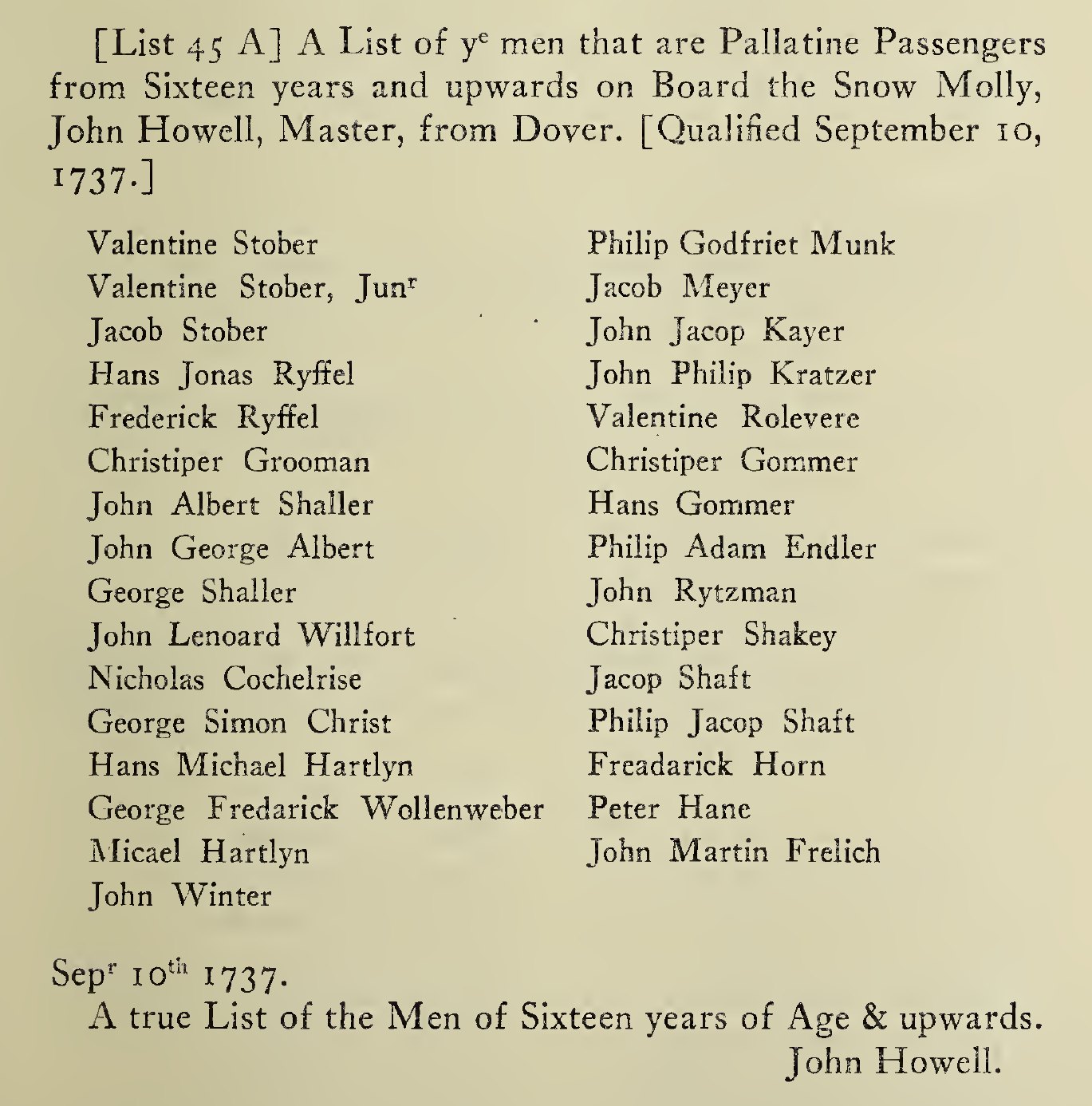 Printed captain’s list of the Snow Molly’s passengers, 1737, including John Philip Kratzer