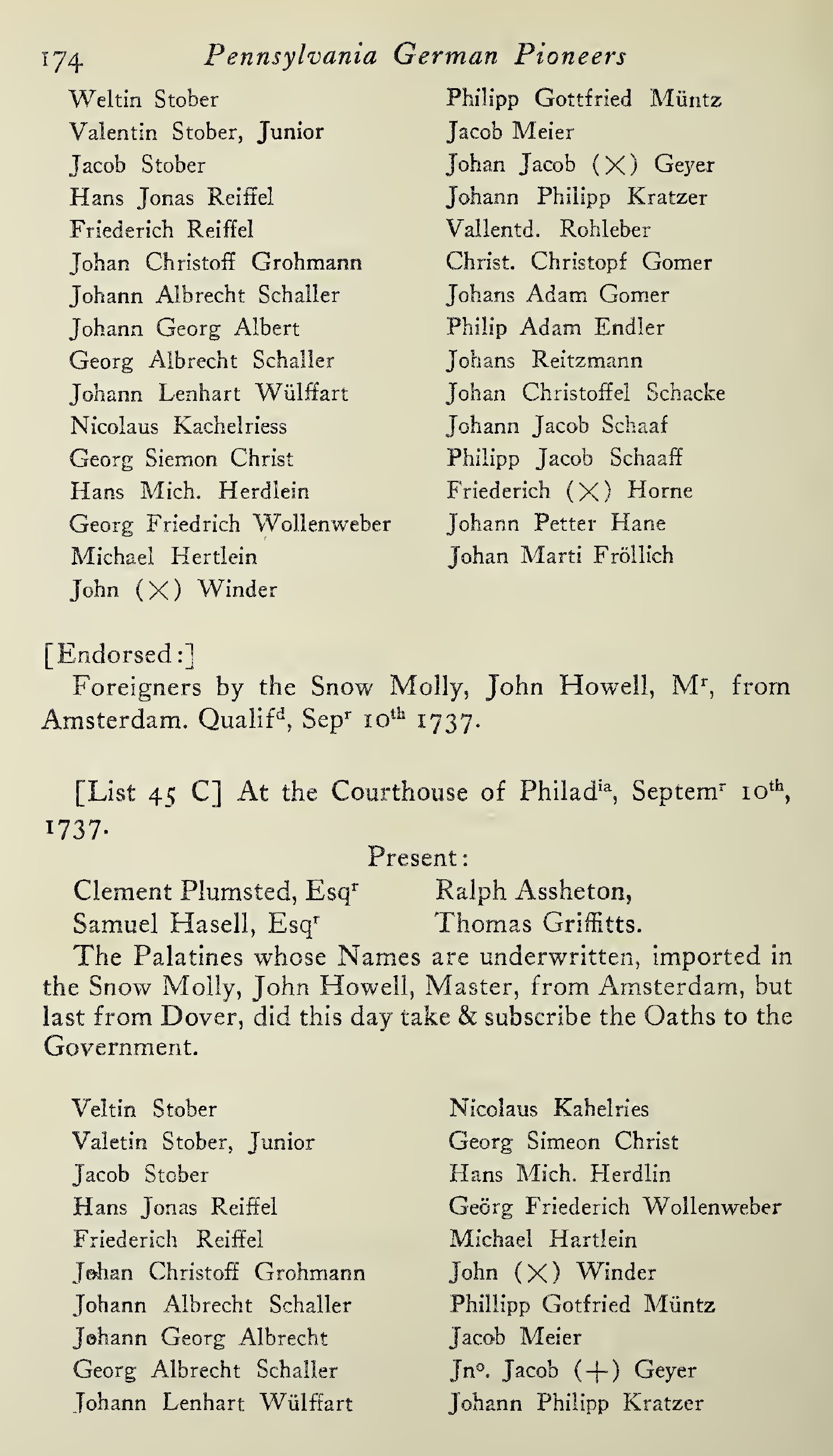 Printed lists of the Snow Molly’s passengers qualified and sworn on 10 September 1737