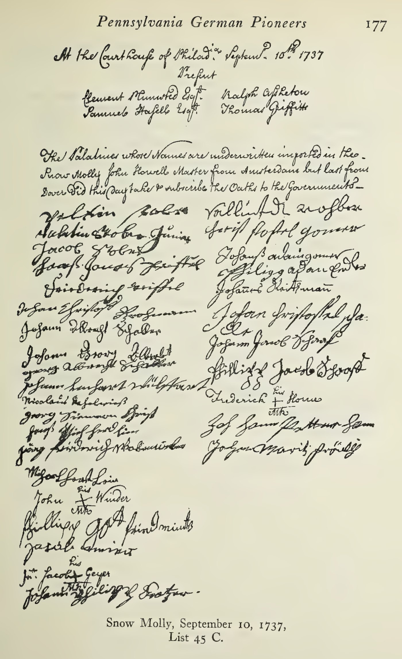 Facsimile page of handwritten signatures of the Snow Molly’s passengers on the oath of allegiance, 1737
